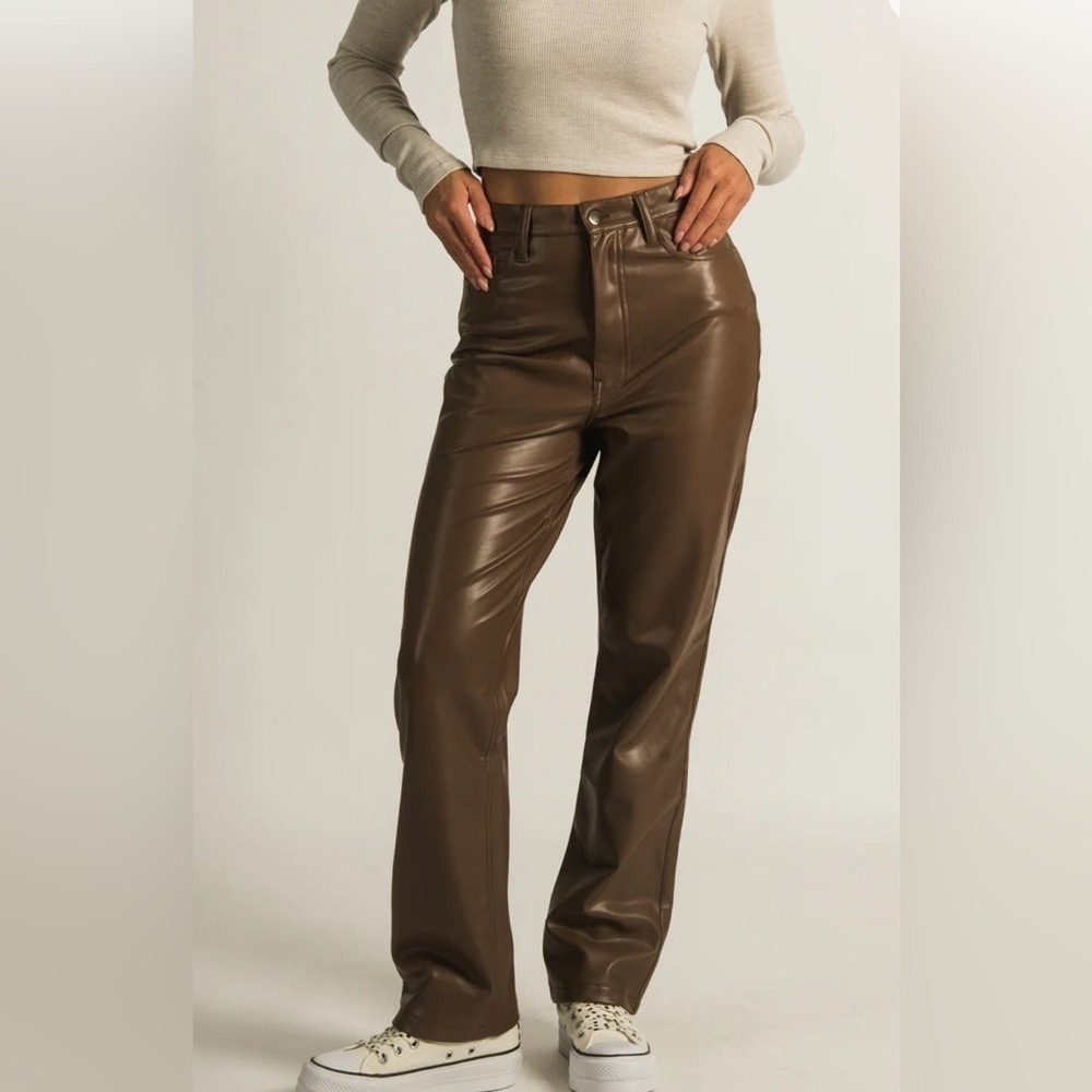 HARLOW | NWT | High Rise |Vegan Leather | Straight Leg Pant |Size L | Brown